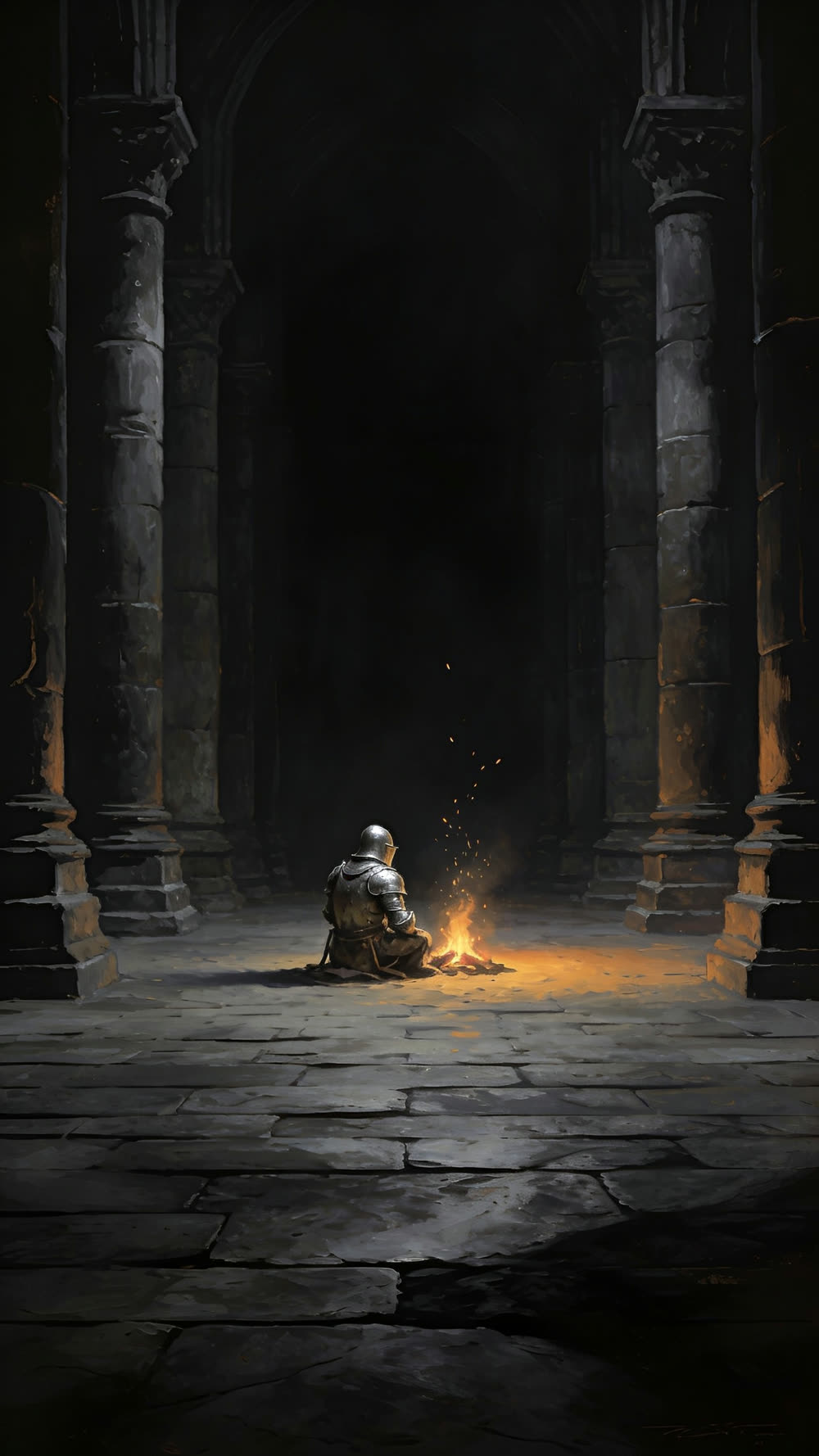 A lone knight seated beside a small fire in a vast dark hall