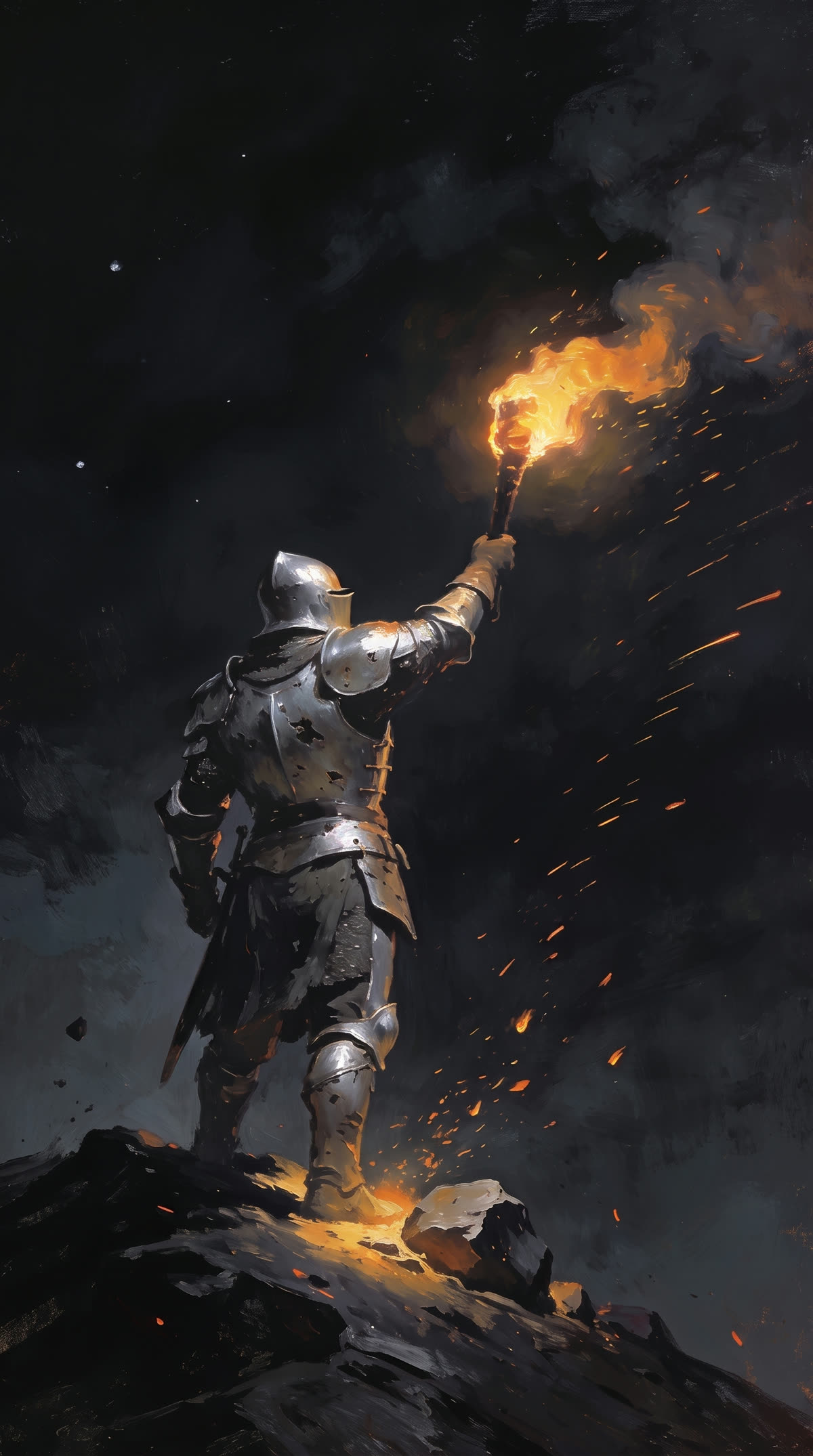 A knight raising a burning torch against the dark